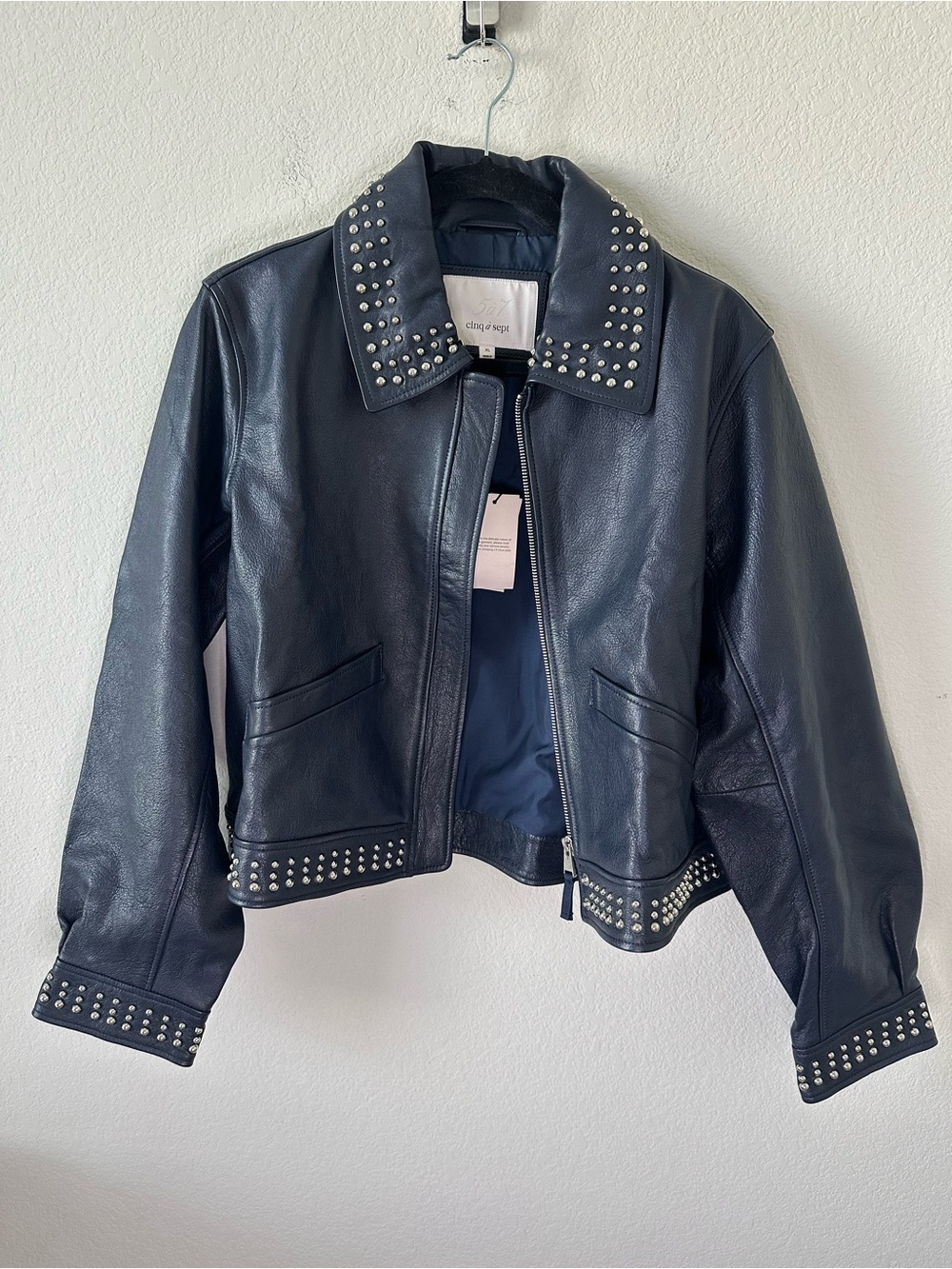 Cinq à Sept Kierstin Stud Detail Leather Navy Blue Jacket SZ XL NWT - Picture 2 of 8